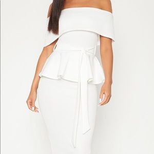 White Bardot Peplum Midi Dress